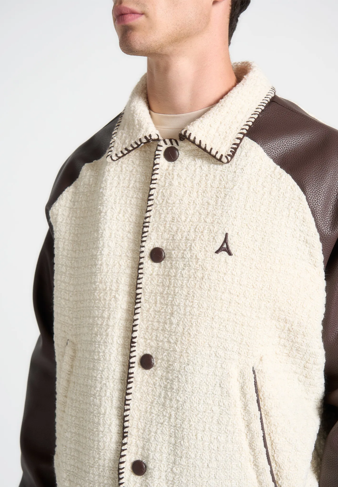 Cream and Brown Tweed & Leather Varsity Jacket - Stylish Classic Design for Modern Fashion