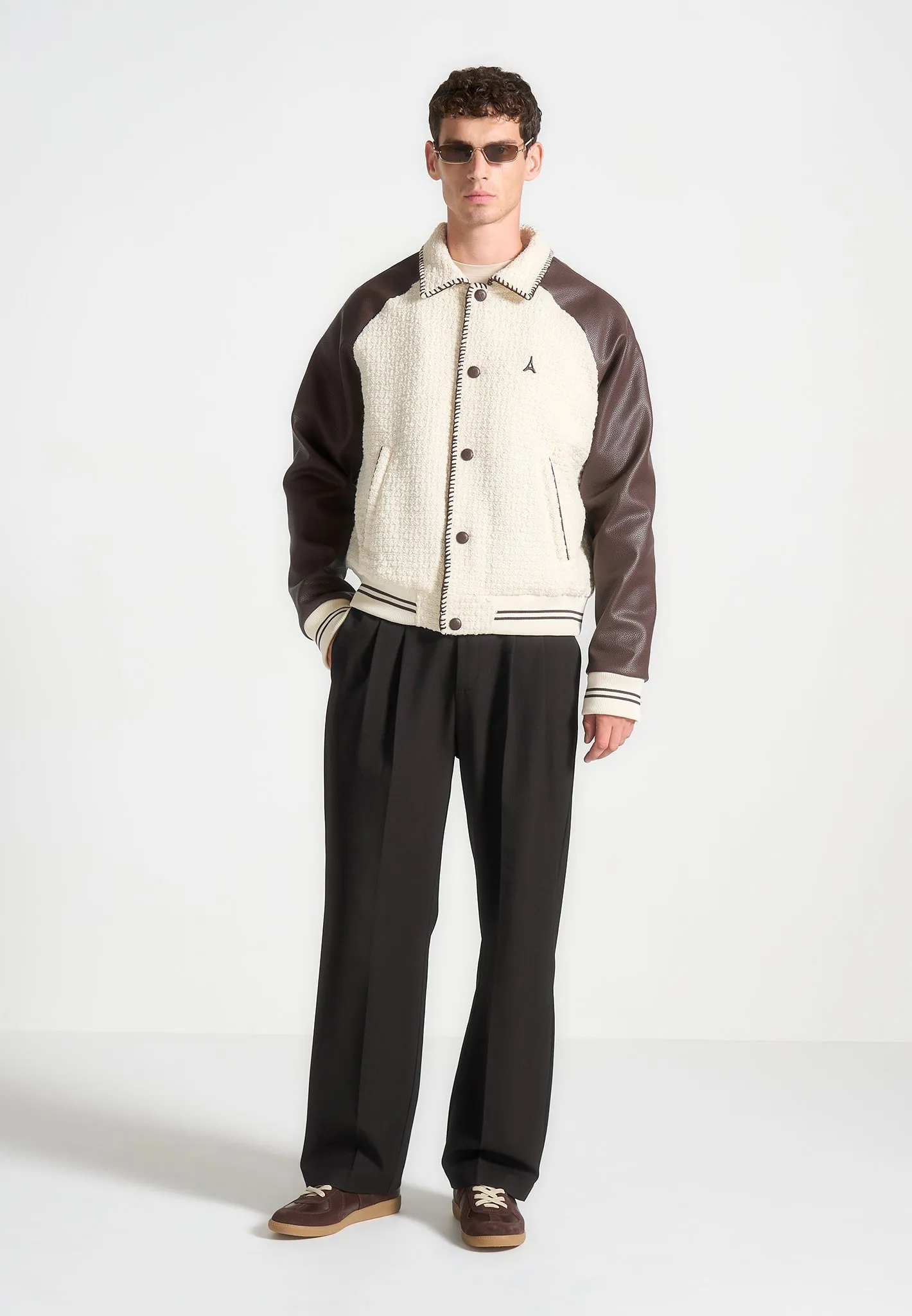Cream and Brown Tweed & Leather Varsity Jacket - Stylish Classic Design for Modern Fashion
