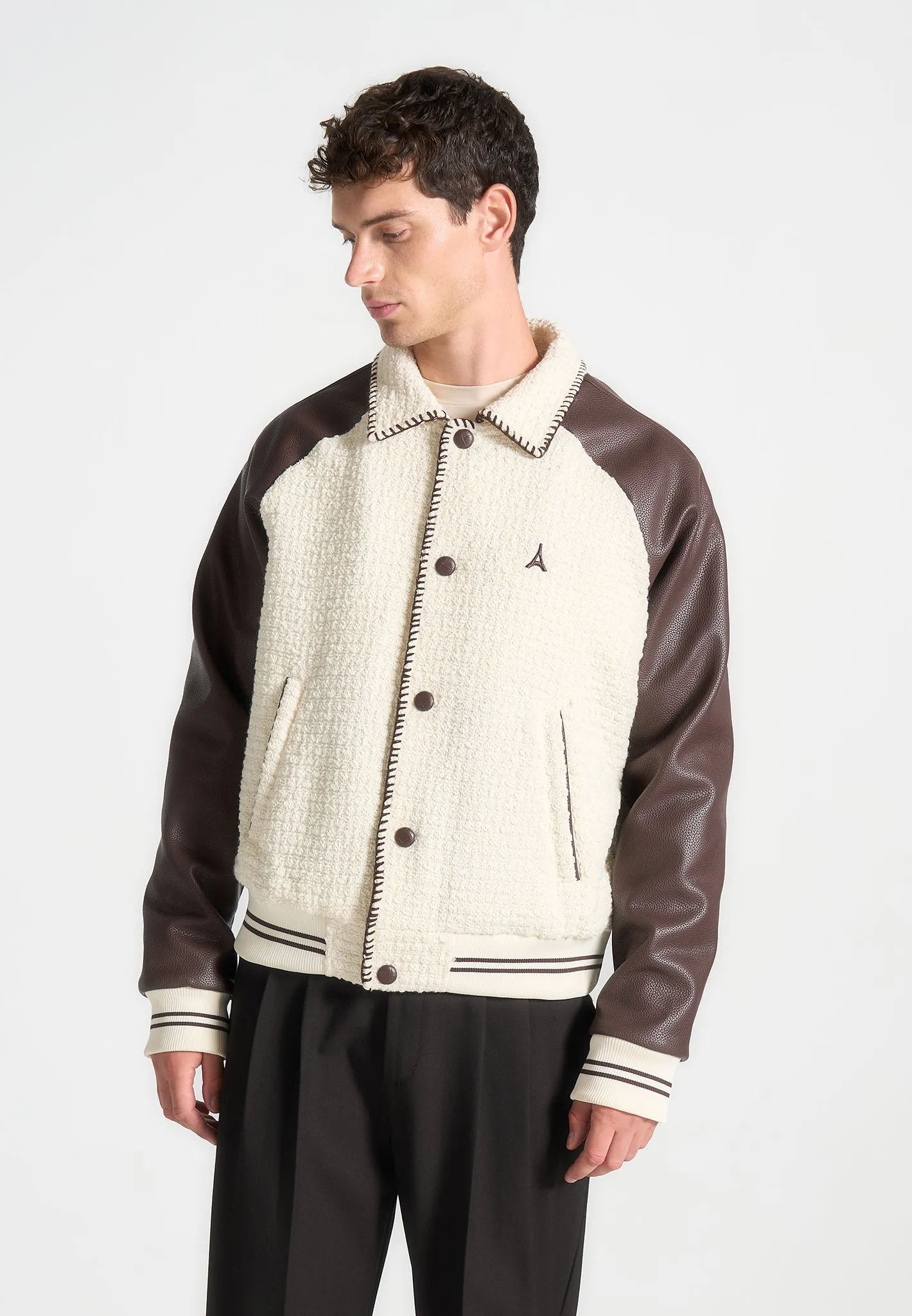 Cream and Brown Tweed & Leather Varsity Jacket - Stylish Classic Design for Modern Fashion