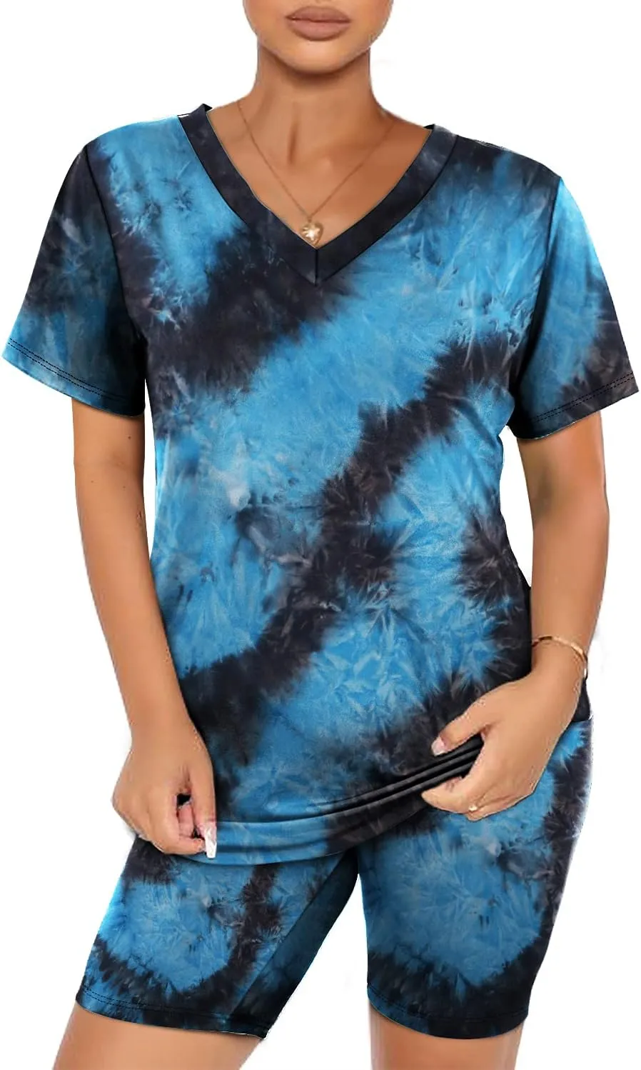 WIHOLL Two Piece Outfits for Women Short Sleeve V Neck Biker Shorts Set