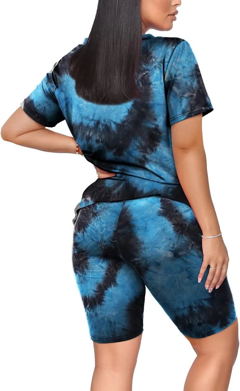WIHOLL Two Piece Outfits for Women Short Sleeve V Neck Biker Shorts Set