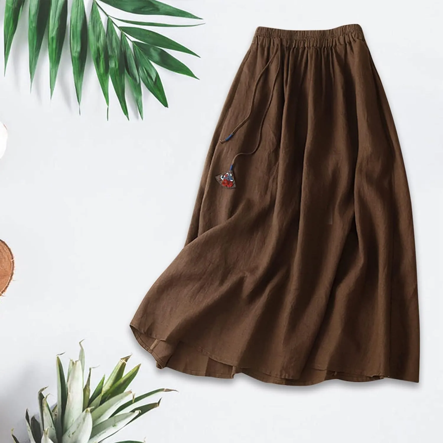 Women Boho Cotton Linen Midi Skirt Fashion Vintage Drawstring Elastic High Waist Swing A-Line Casual Hawaiian Skirts