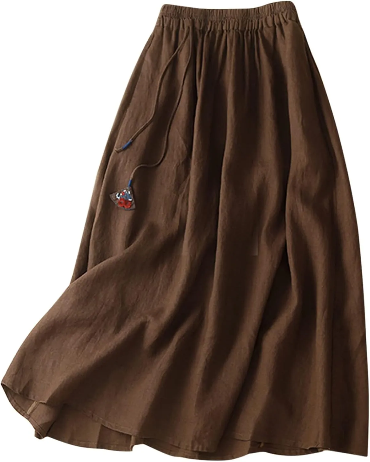 Women Boho Cotton Linen Midi Skirt Fashion Vintage Drawstring Elastic High Waist Swing A-Line Casual Hawaiian Skirts