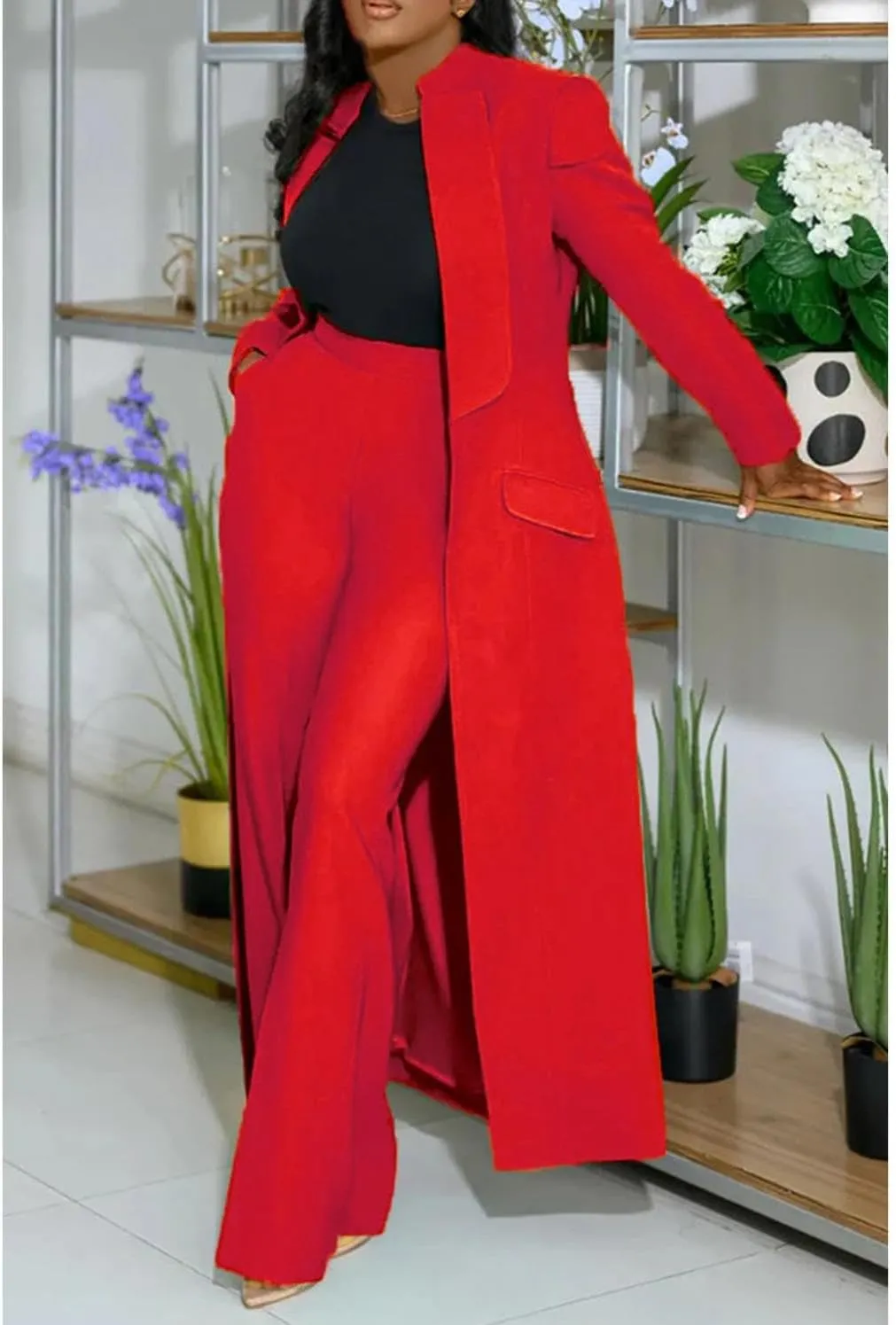 Women Two Piece Dressy Long Blazer Jackets High Waisted Straight Leg Pants Suits Set Business Casual Office