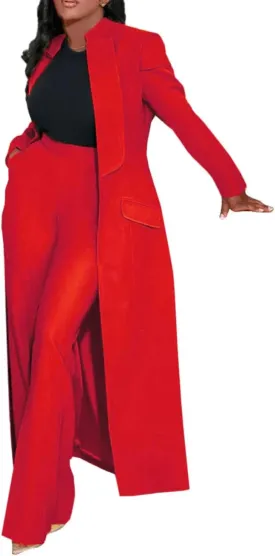 Women Two Piece Dressy Long Blazer Jackets High Waisted Straight Leg Pants Suits Set Business Casual Office