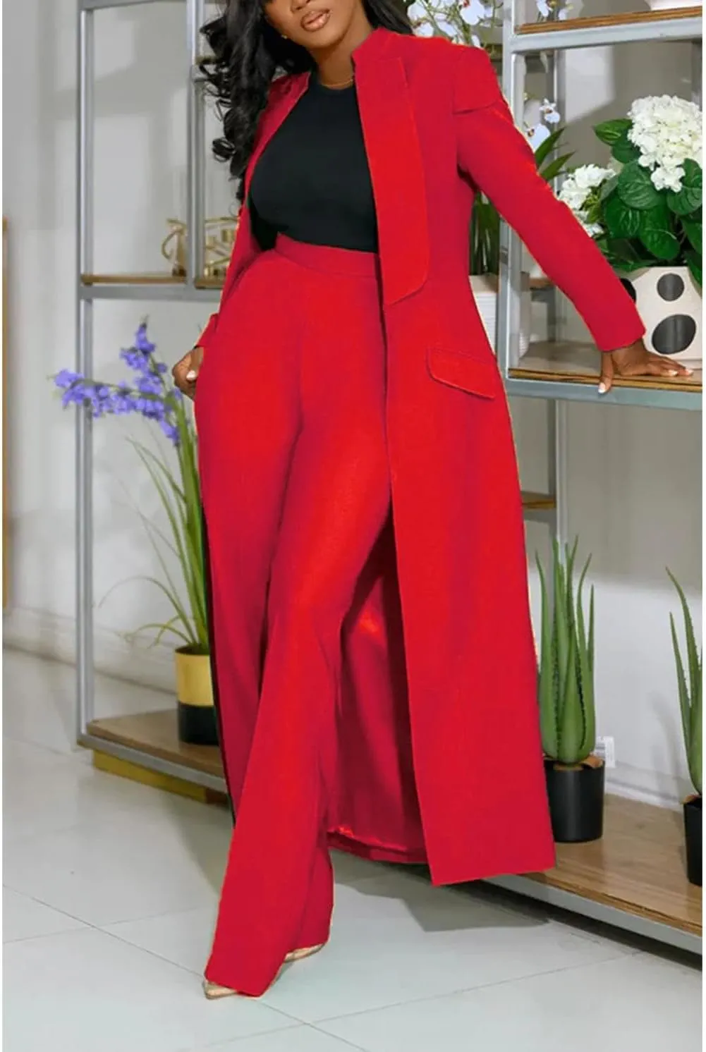 Women Two Piece Dressy Long Blazer Jackets High Waisted Straight Leg Pants Suits Set Business Casual Office