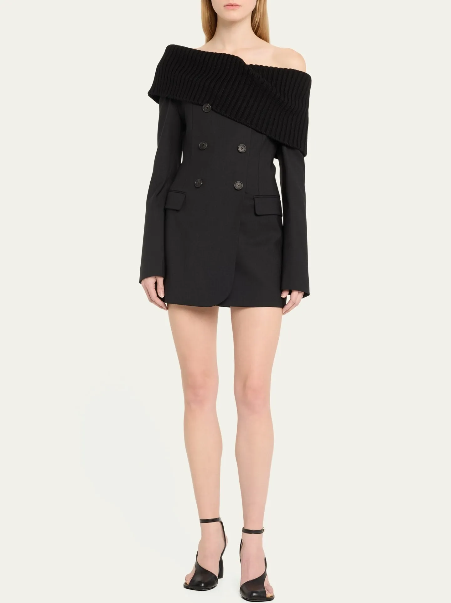Women’s Black Knit Off-Shoulder Double-Breasted Mini Blazer-Dress