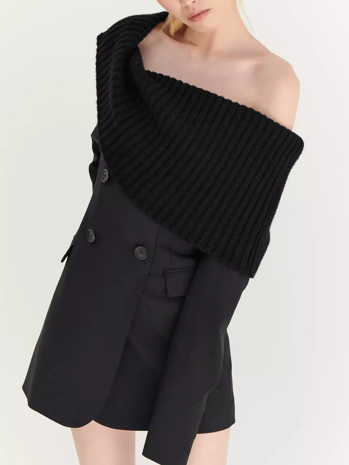 Women’s Black Knit Off-Shoulder Double-Breasted Mini Blazer-Dress