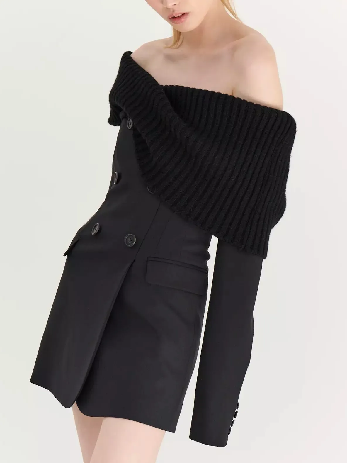 Women’s Black Knit Off-Shoulder Double-Breasted Mini Blazer-Dress