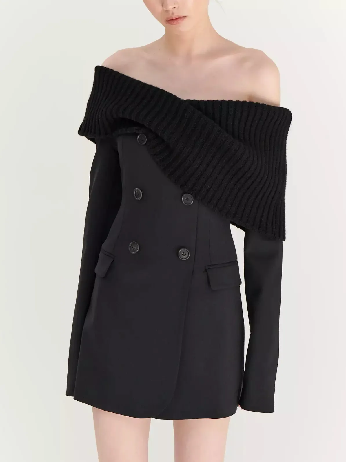 Women’s Black Knit Off-Shoulder Double-Breasted Mini Blazer-Dress
