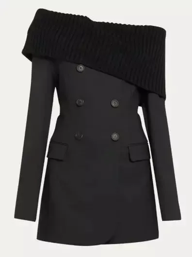 Women’s Black Knit Off-Shoulder Double-Breasted Mini Blazer-Dress
