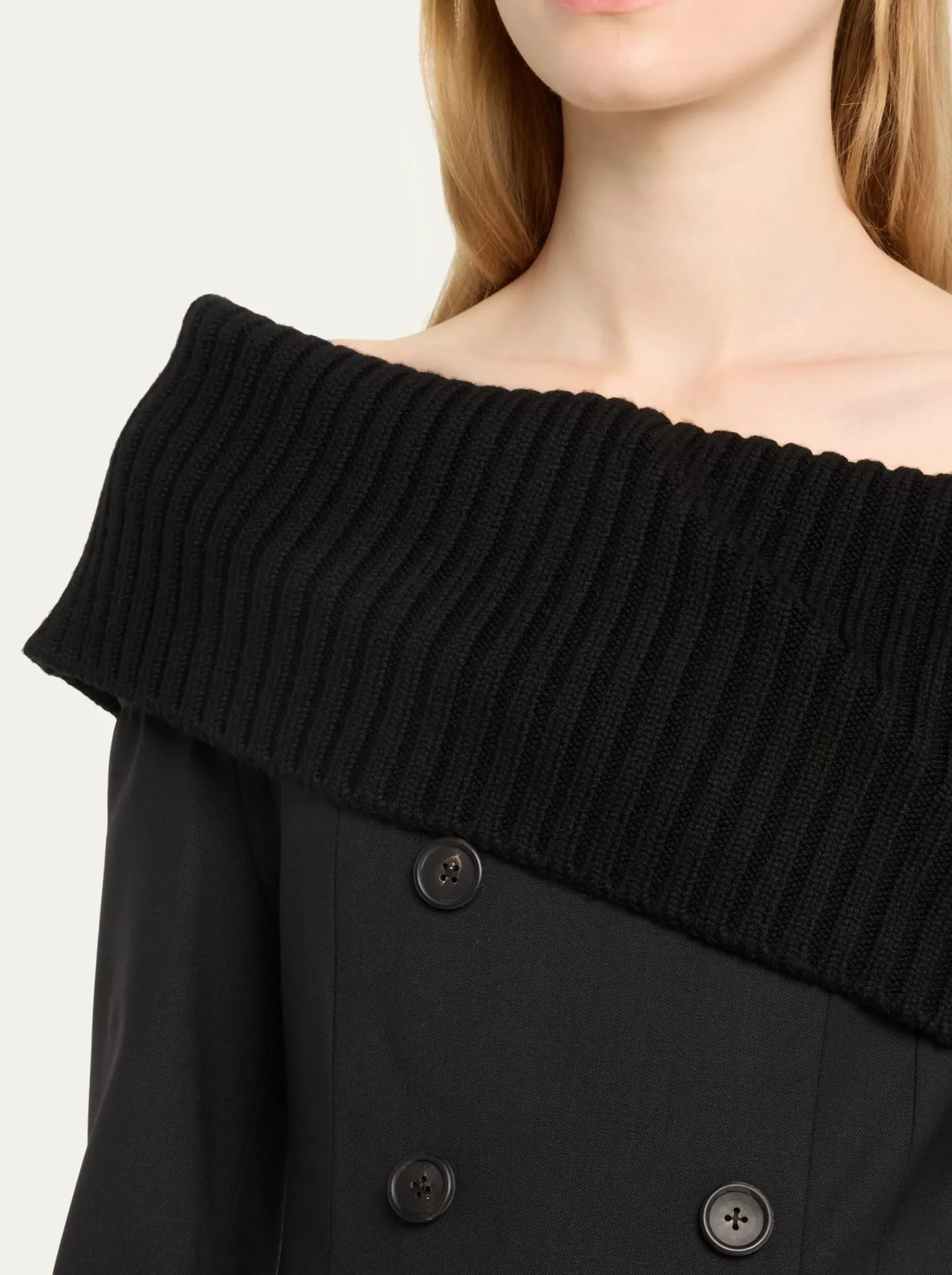 Women’s Black Knit Off-Shoulder Double-Breasted Mini Blazer-Dress