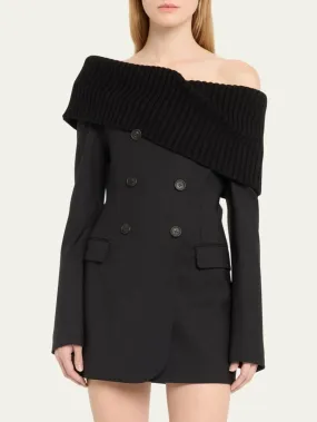 Women’s Black Knit Off-Shoulder Double-Breasted Mini Blazer-Dress