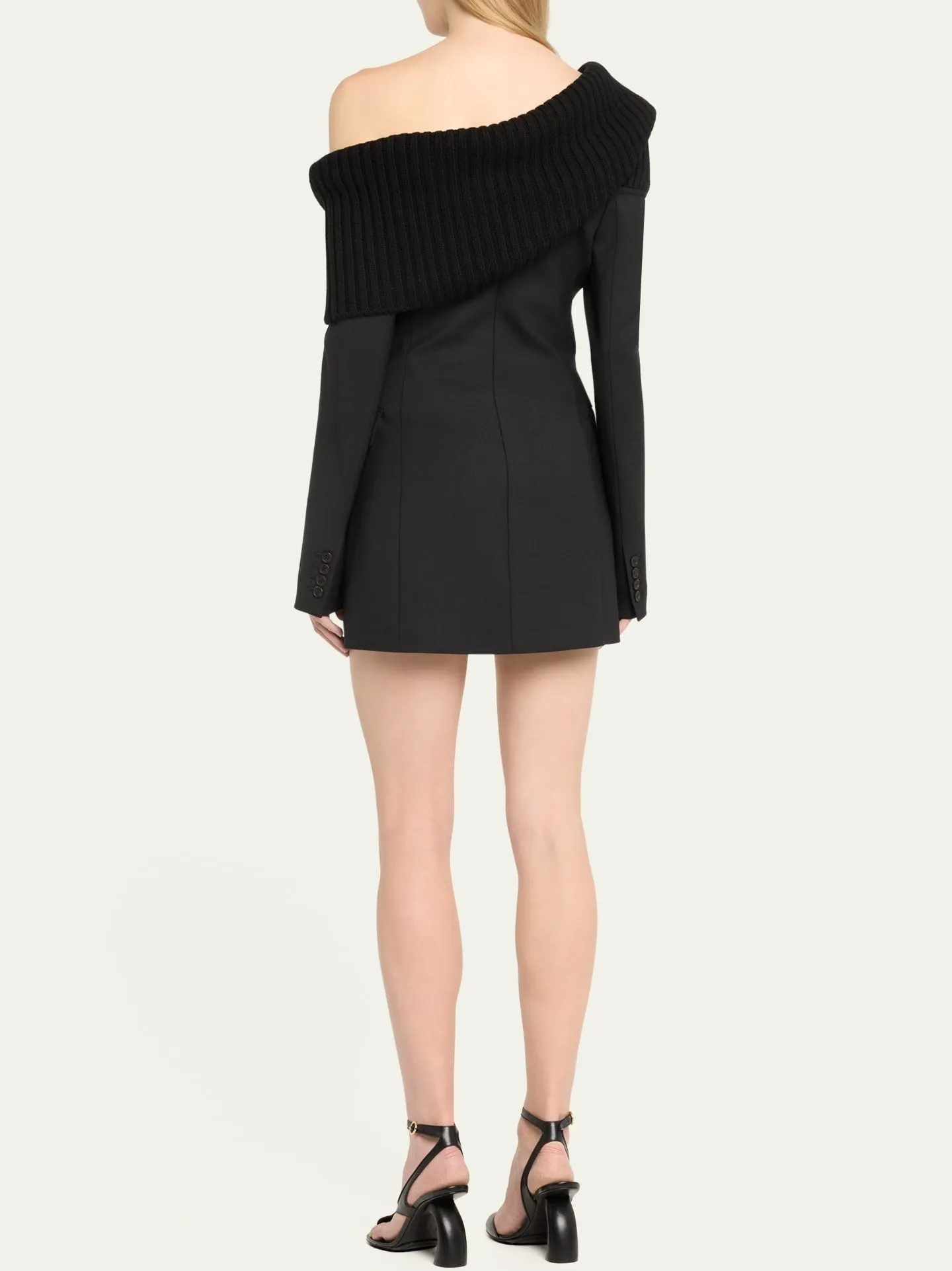 Women’s Black Knit Off-Shoulder Double-Breasted Mini Blazer-Dress