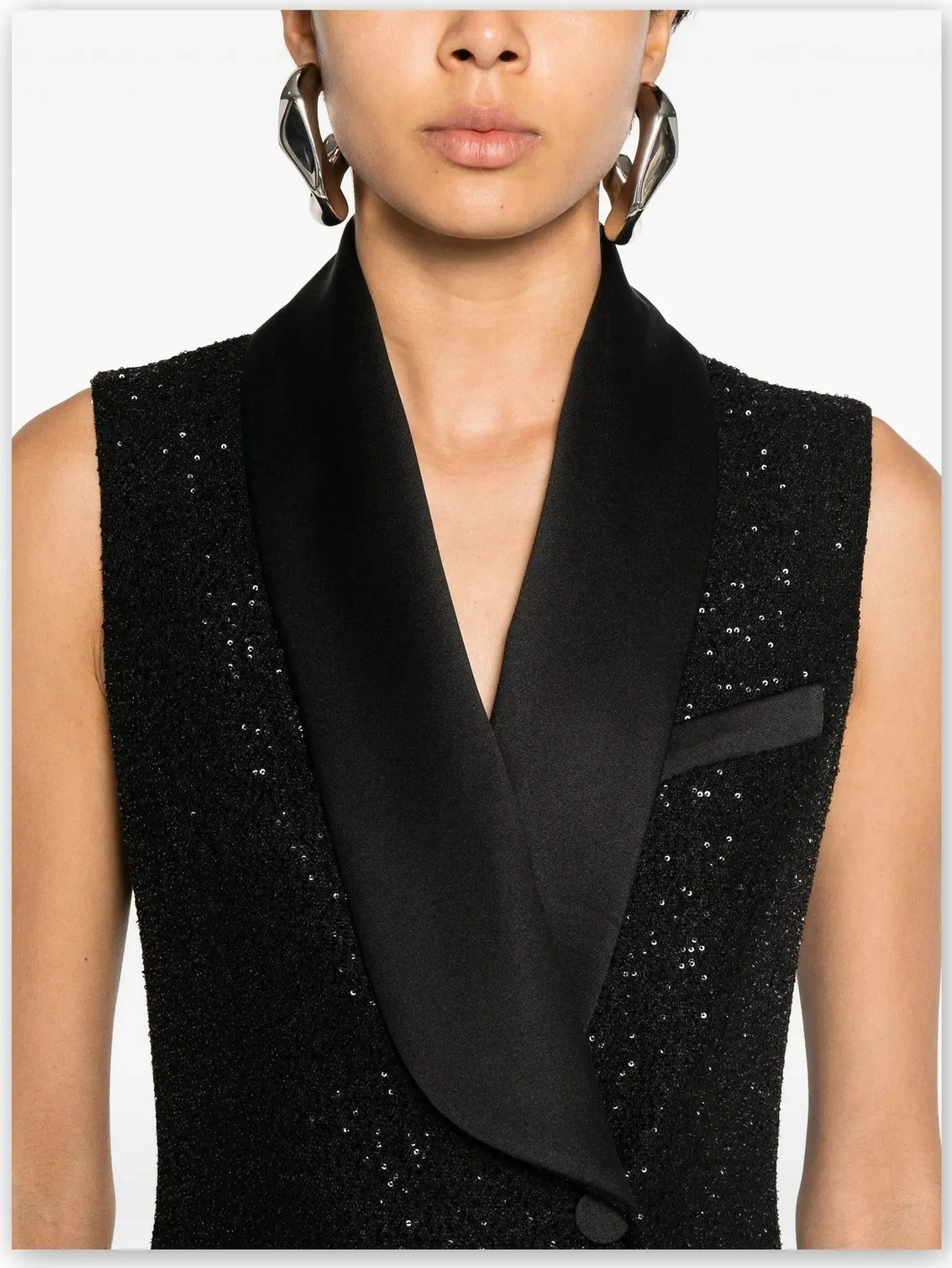 Women’s Black Sequin Vest Dress with Satin Trim