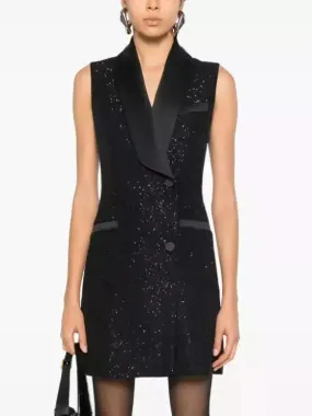 Women’s Black Sequin Vest Dress with Satin Trim