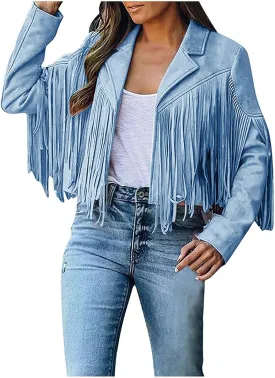 Women's Fringe Faux Suede Leather Jackets 2025 Fashion Tassel Motorcycle Cropped Coats Trendy Cardigan Outwear