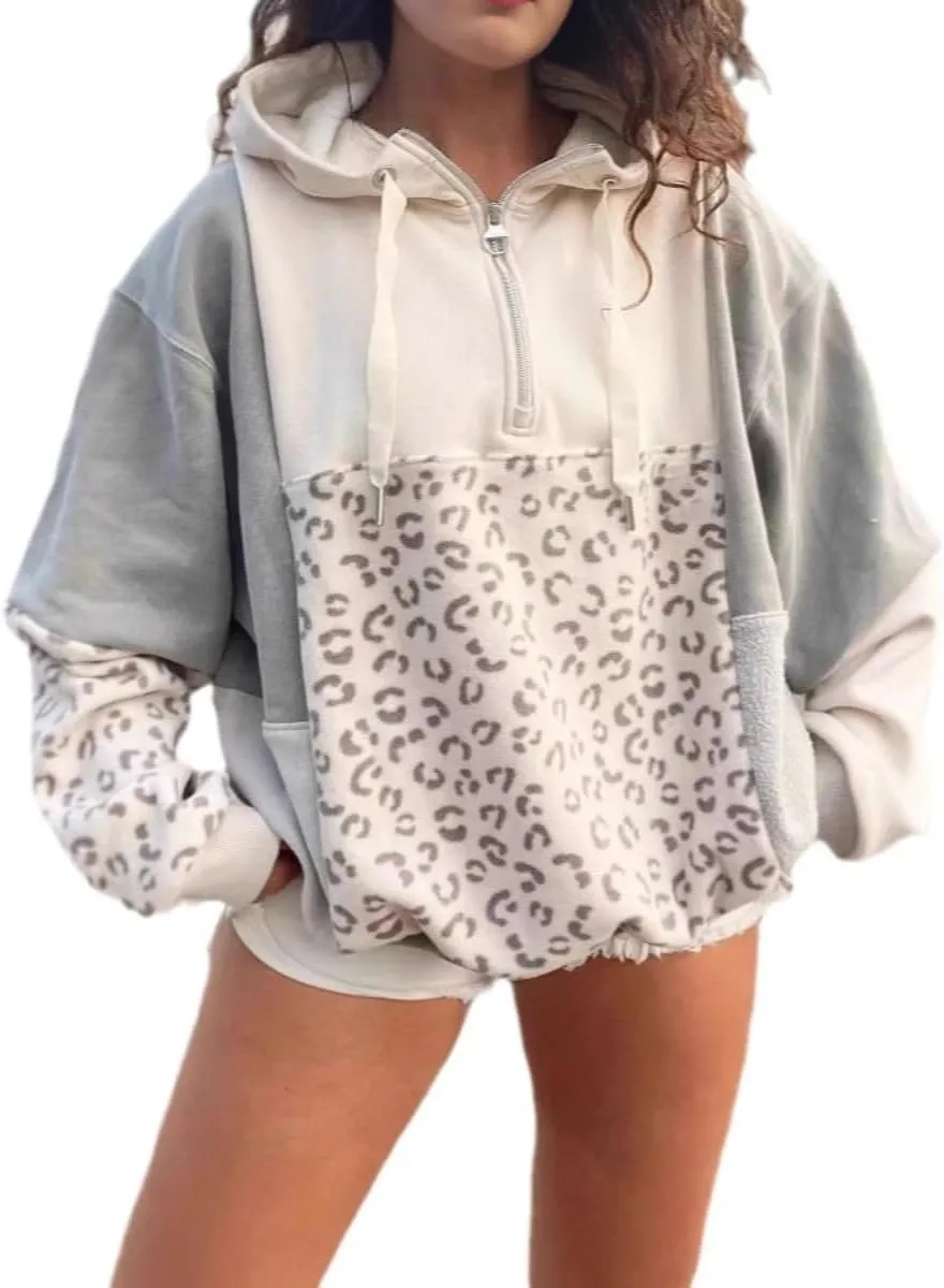 Women's Leopard Print Pullover Hoodie Color Block Hoodie Half Zip Long Sleeve Pullover Trendy Drawstring Sweatshirt