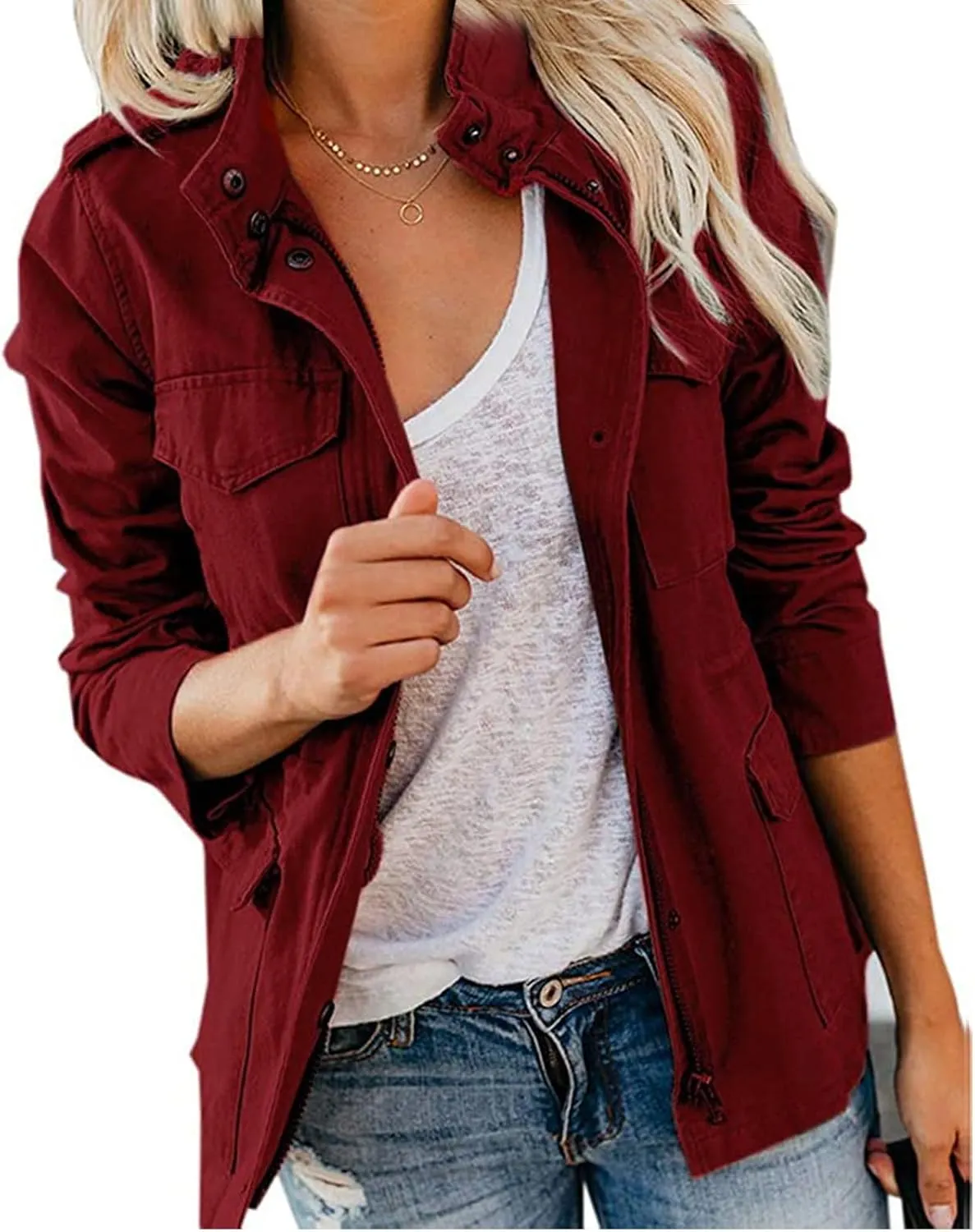 Women's Military Jacket Zip Up Snap Buttons Coat Lightweight Cargo Anorak Safari Utility Coat Outwear with Pockets