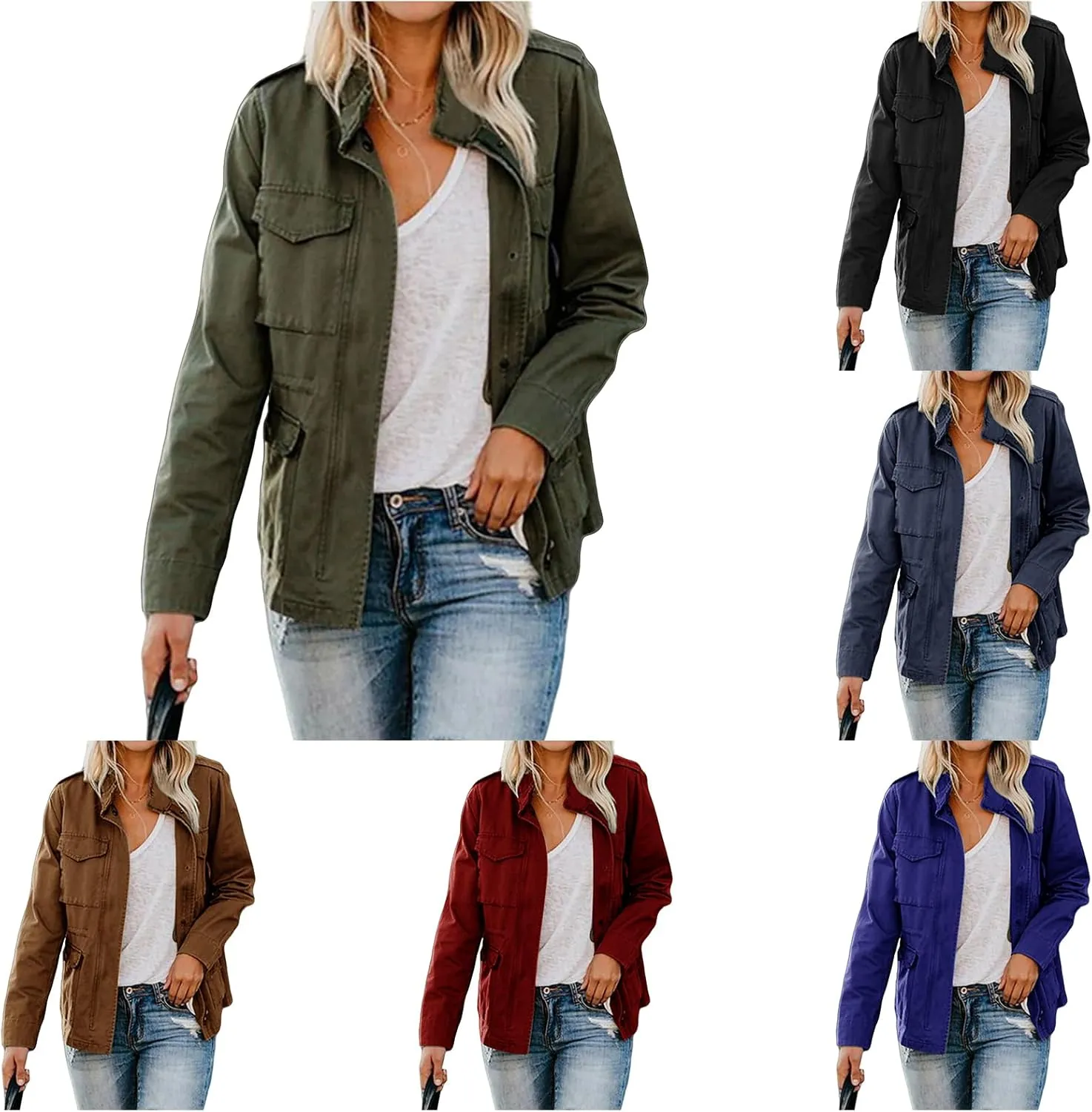 Women's Military Jacket Zip Up Snap Buttons Coat Lightweight Cargo Anorak Safari Utility Coat Outwear with Pockets
