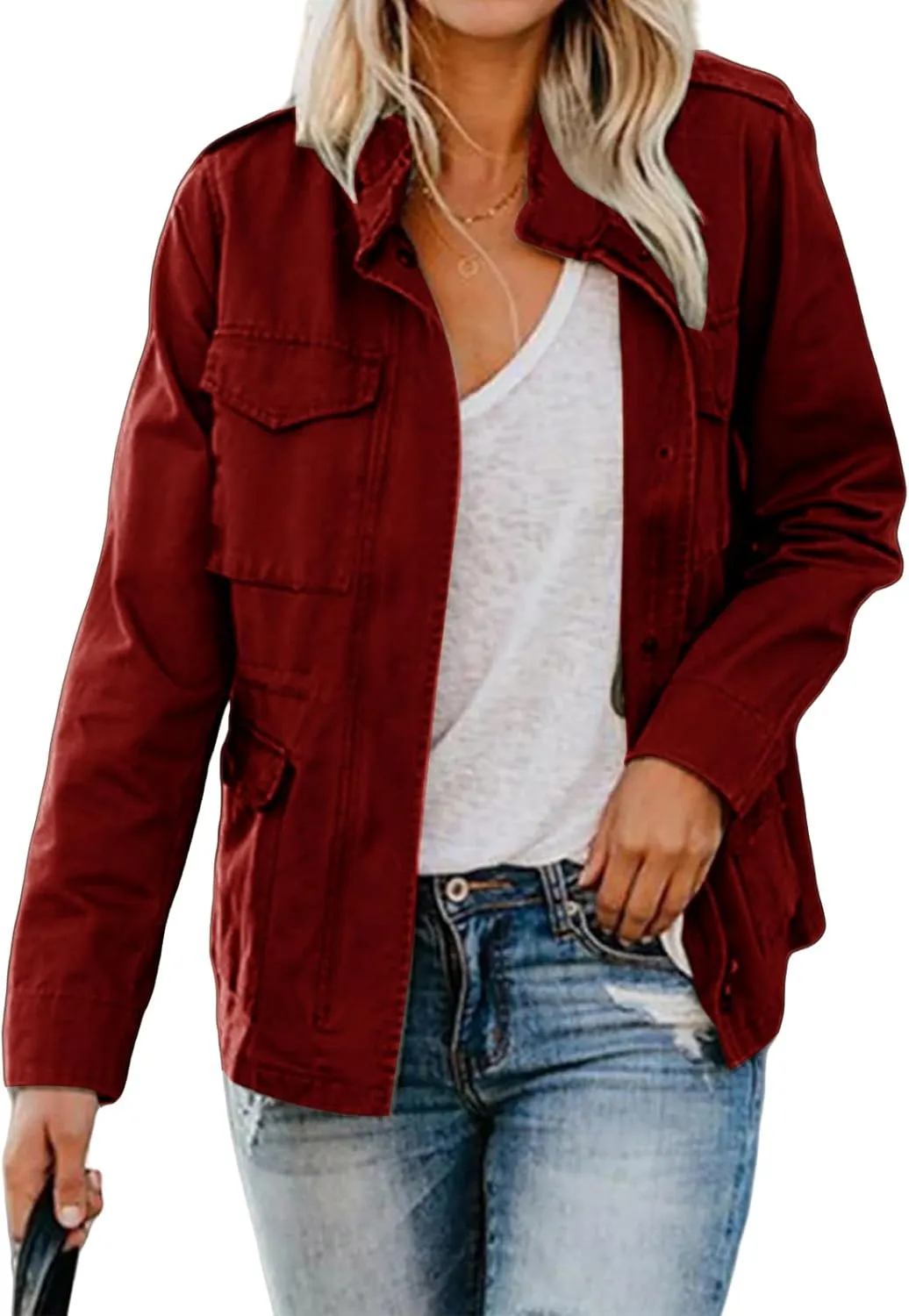 Women's Military Jacket Zip Up Snap Buttons Coat Lightweight Cargo Anorak Safari Utility Coat Outwear with Pockets