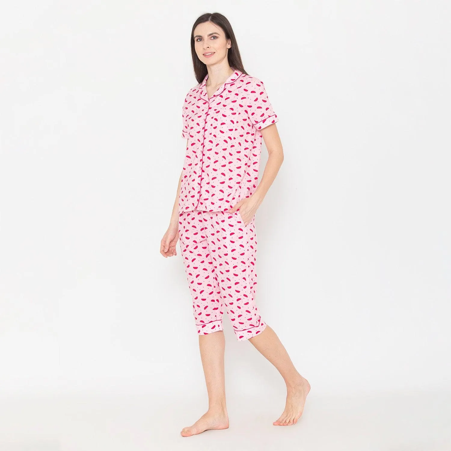 Women's Printed Night Suit Set of Shirt & Capri - Pink