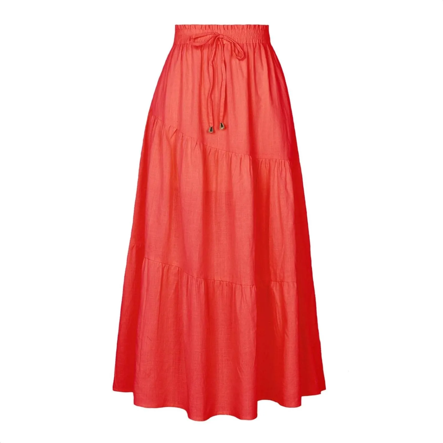 Women's Skirts High Waist Solid Color Half Skirt Long Skirt Women Self Belted Beach Maxi Skirts Pleated Cheer