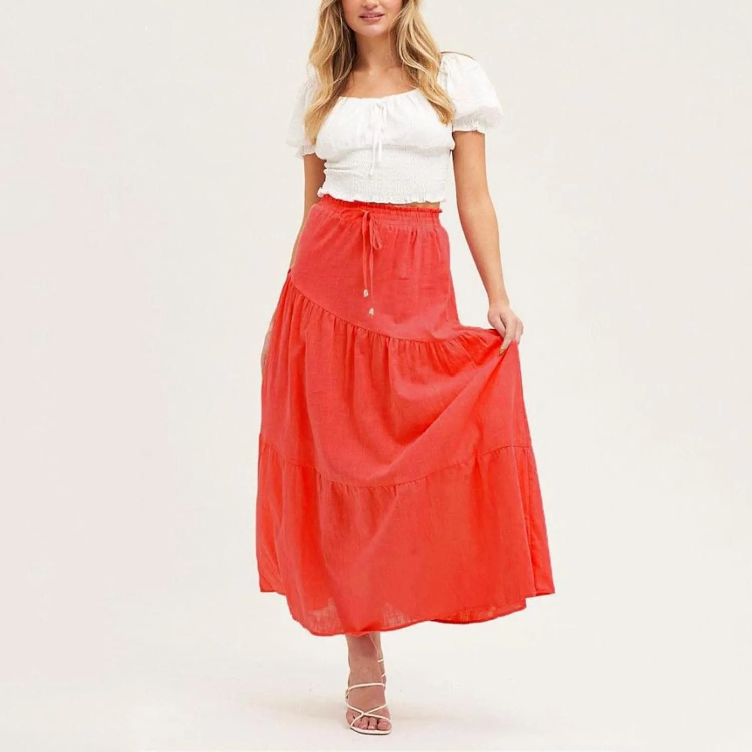 Women's Skirts High Waist Solid Color Half Skirt Long Skirt Women Self Belted Beach Maxi Skirts Pleated Cheer