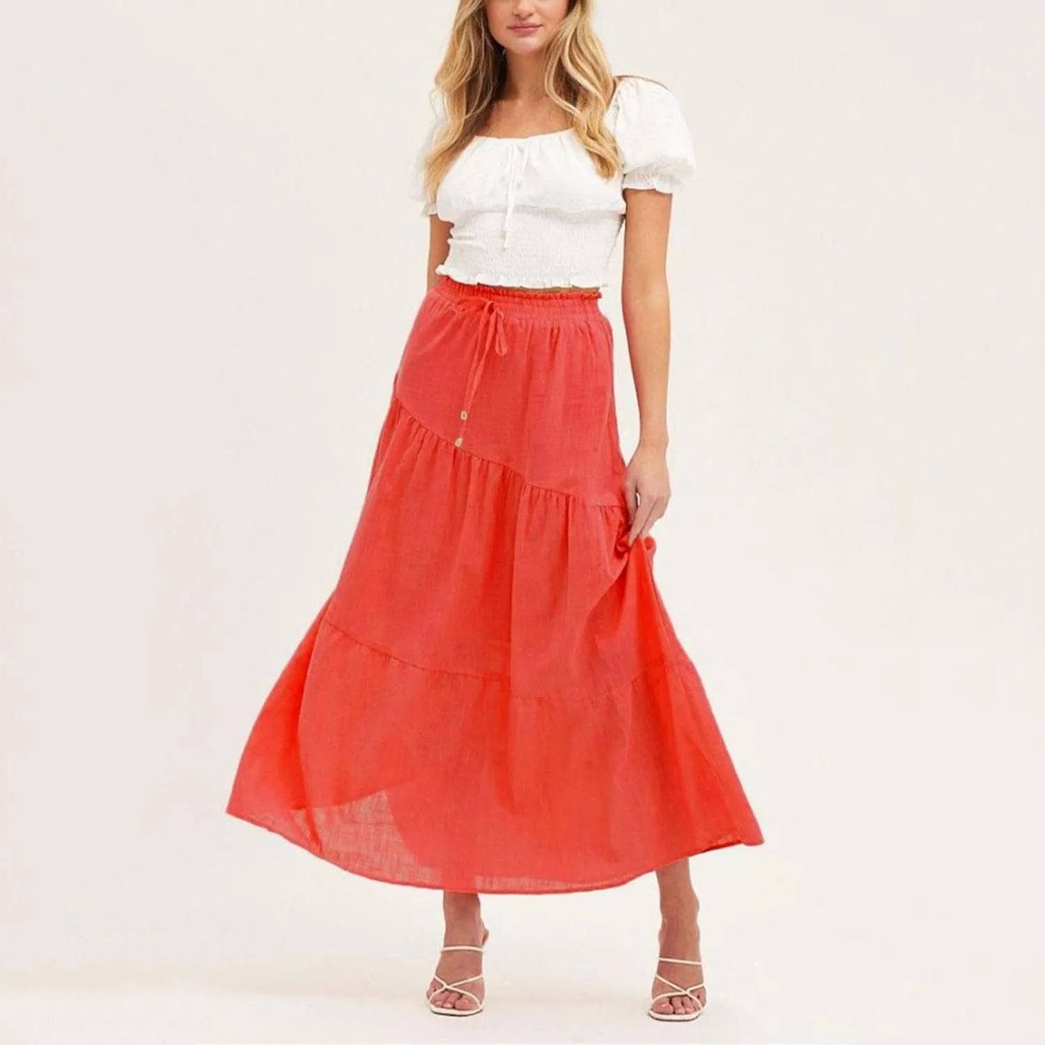 Women's Skirts High Waist Solid Color Half Skirt Long Skirt Women Self Belted Beach Maxi Skirts Pleated Cheer
