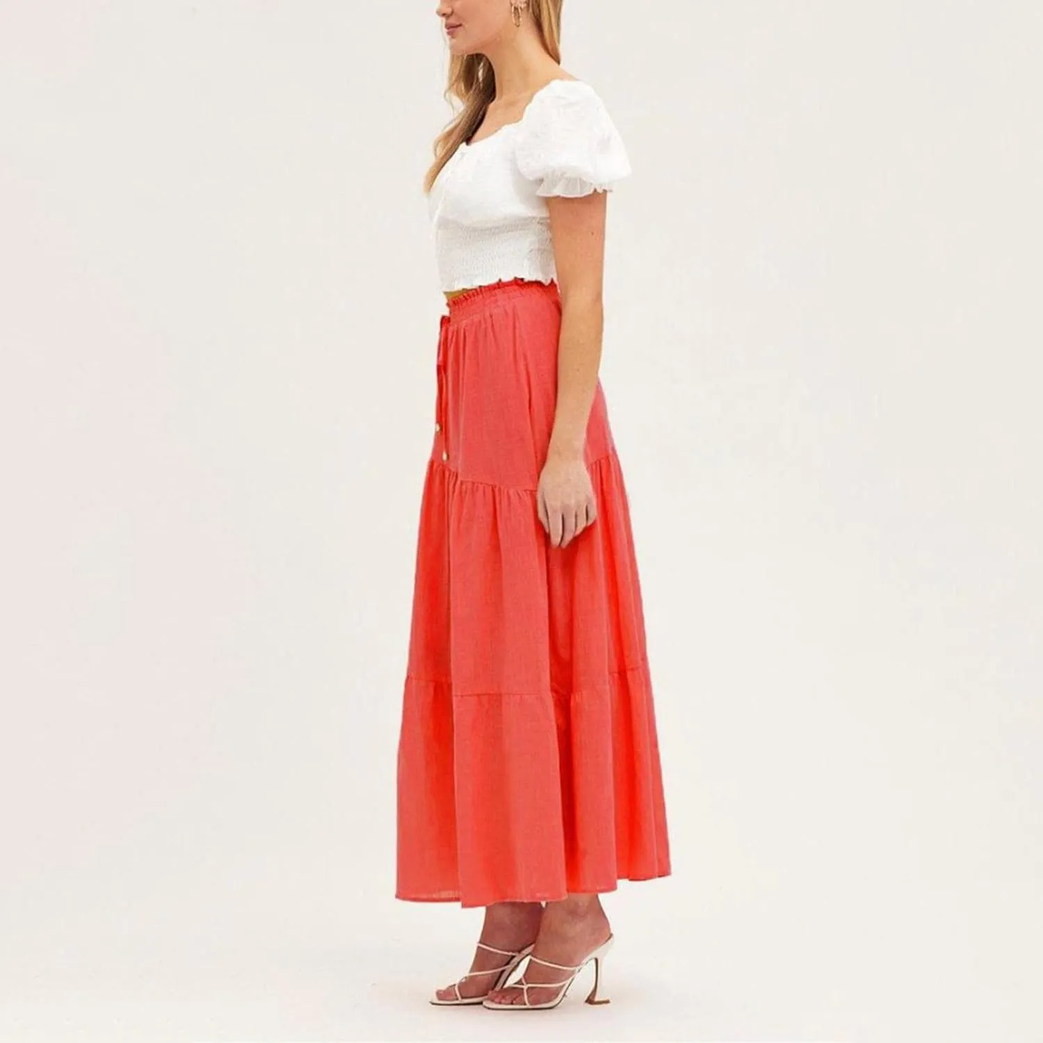 Women's Skirts High Waist Solid Color Half Skirt Long Skirt Women Self Belted Beach Maxi Skirts Pleated Cheer