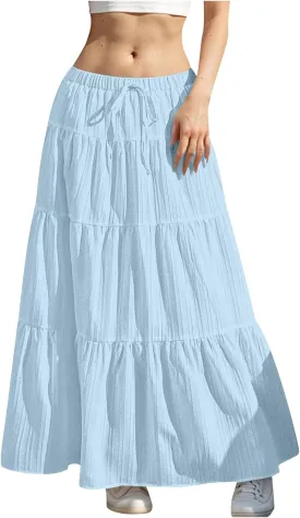 Women's Summer Boho Maxi Skirt Tiered Ruffle A-Line 2025 Fashion Elastic High Waist Skirts Pleated Swing Beachwear