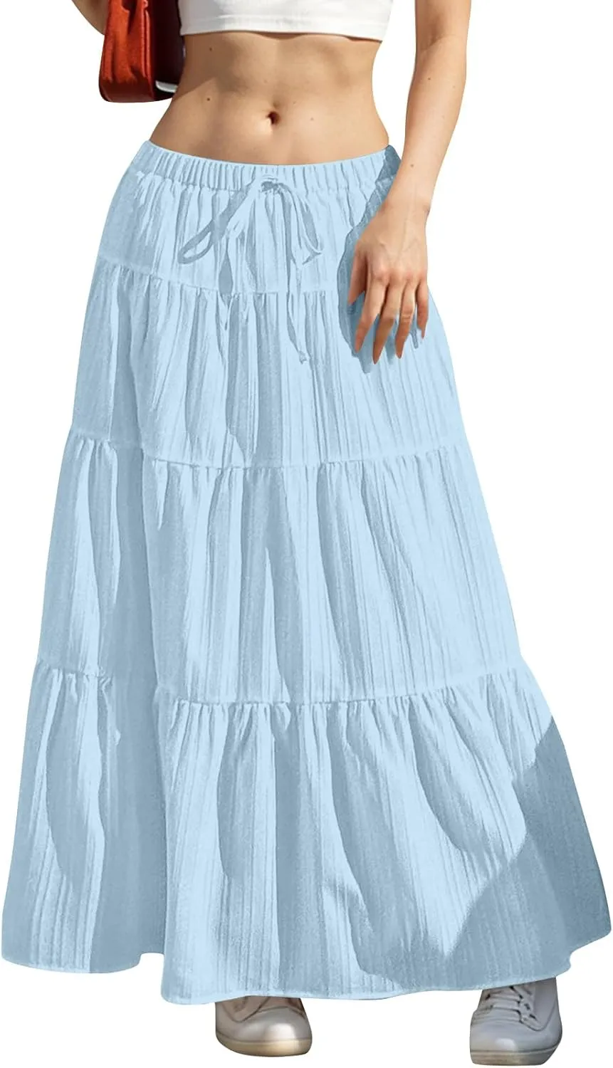 Women's Summer Boho Maxi Skirt Tiered Ruffle A-Line 2025 Fashion Elastic High Waist Skirts Pleated Swing Beachwear