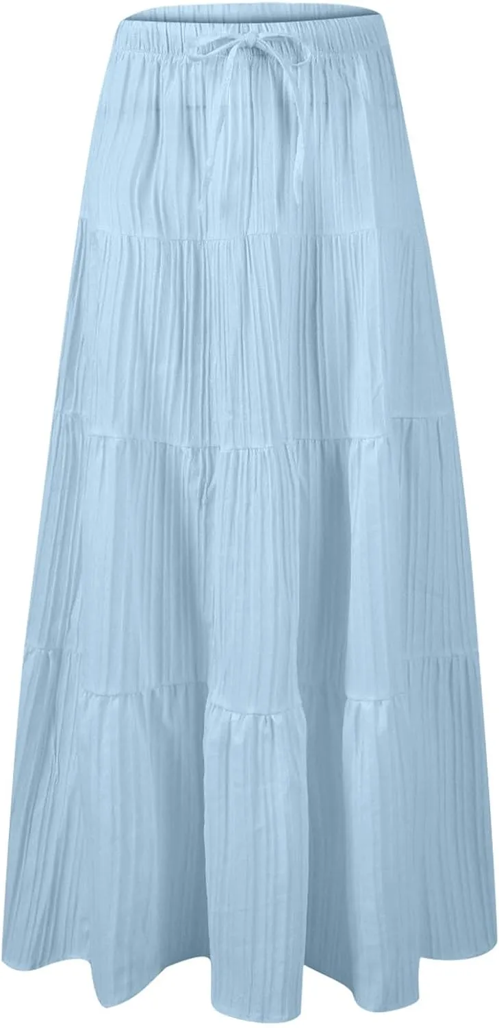 Women's Summer Boho Maxi Skirt Tiered Ruffle A-Line 2025 Fashion Elastic High Waist Skirts Pleated Swing Beachwear
