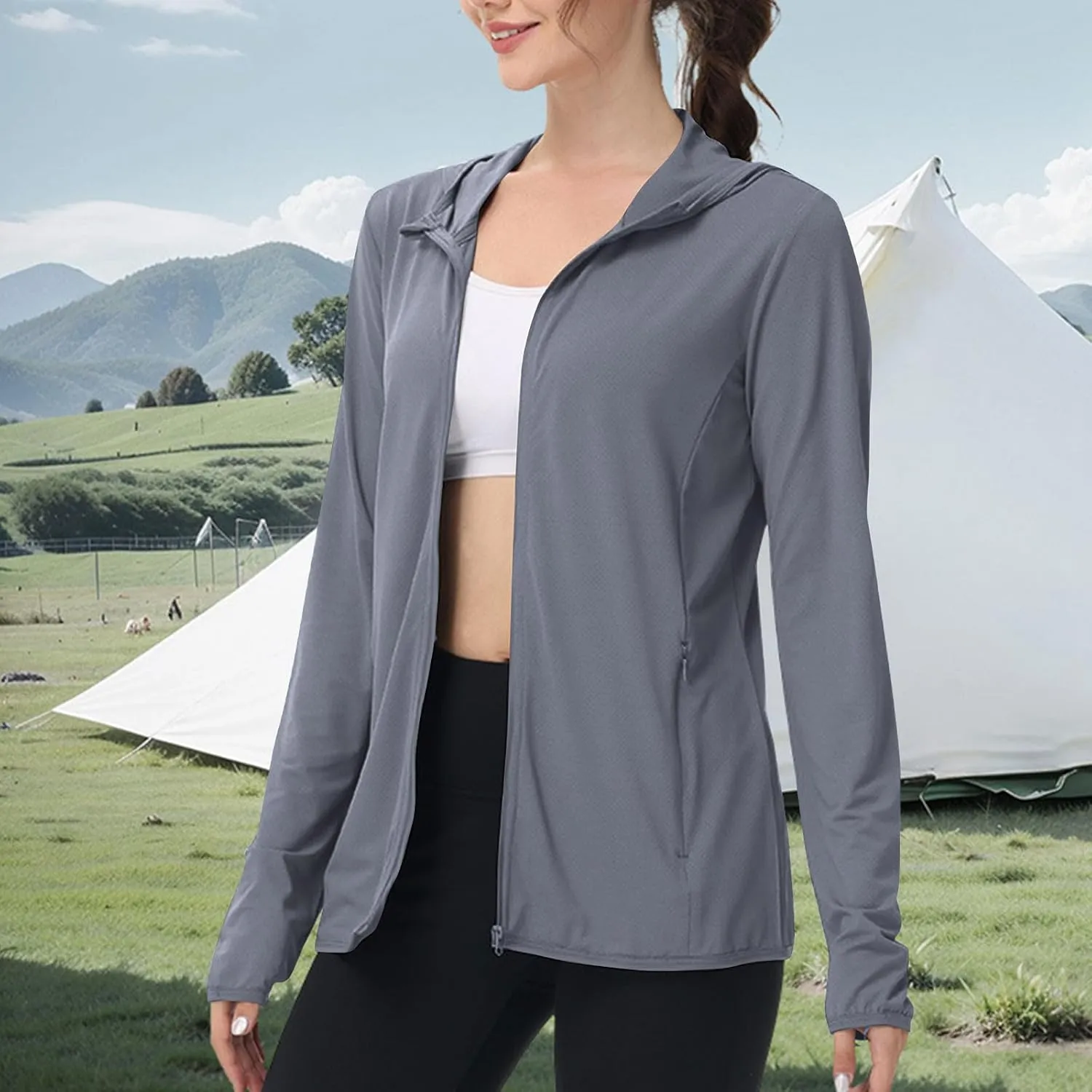 Womens Sun Shirts Full Zip UPF 50  Protection Hoodie Jacket Long Sleeve Hiking Outdoor Lightweight UPF50  Jackets