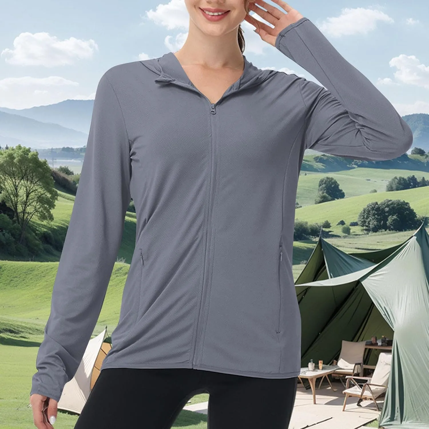 Womens Sun Shirts Full Zip UPF 50  Protection Hoodie Jacket Long Sleeve Hiking Outdoor Lightweight UPF50  Jackets