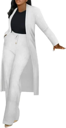 Women's Two Piece Outfits Dressy Knit Rib Long Blazer Jacket and Wide Leg Pants Business Casual Office Suit Sets