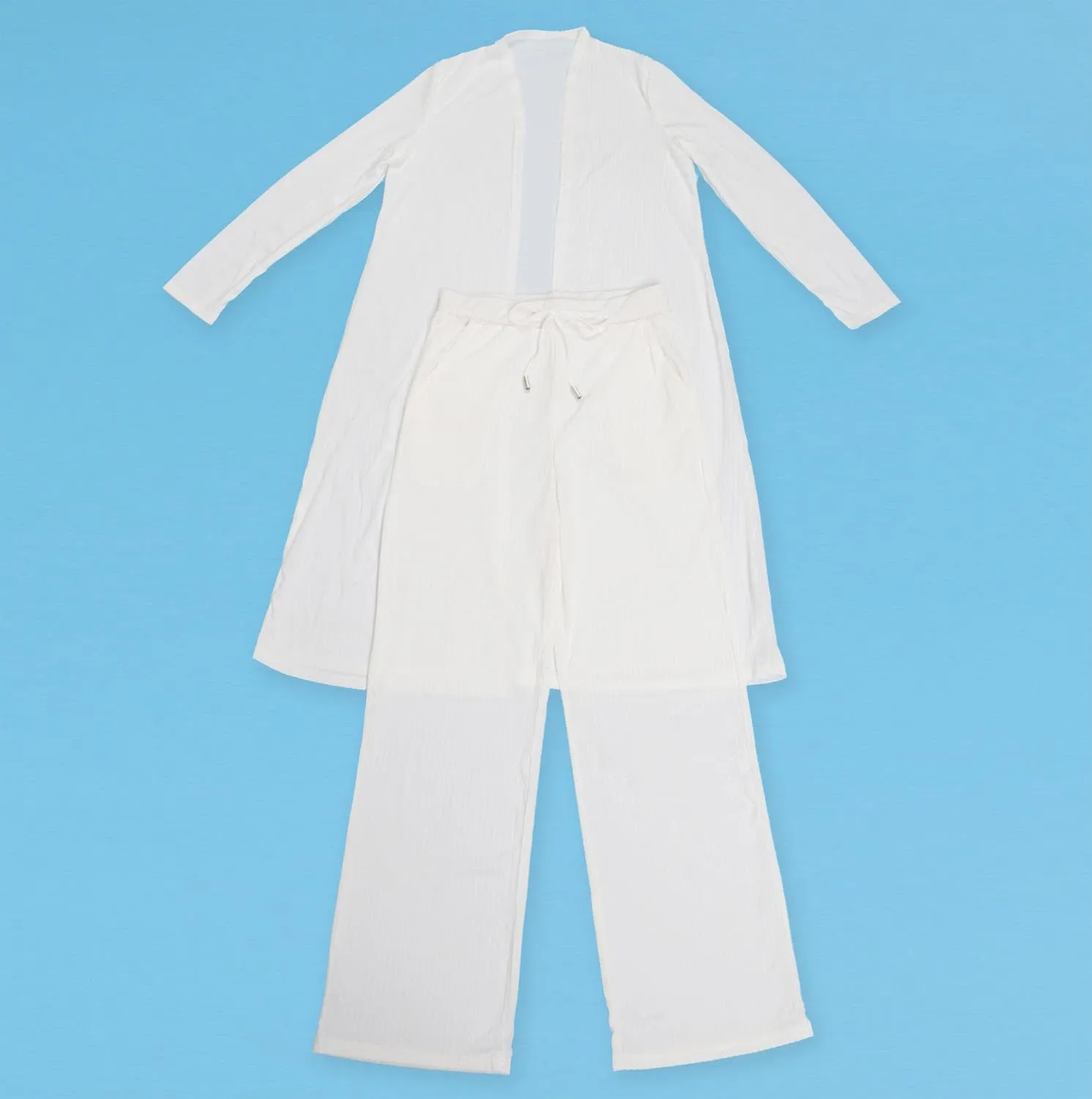 Women's Two Piece Outfits Dressy Knit Rib Long Blazer Jacket and Wide Leg Pants Business Casual Office Suit Sets