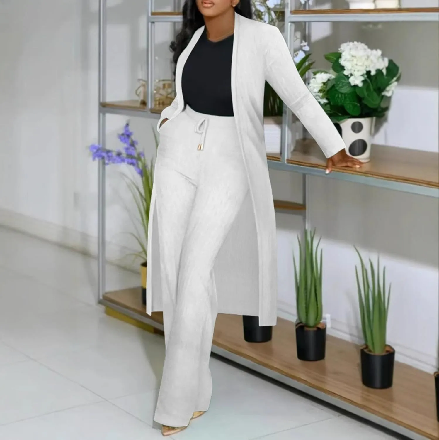 Women's Two Piece Outfits Dressy Knit Rib Long Blazer Jacket and Wide Leg Pants Business Casual Office Suit Sets