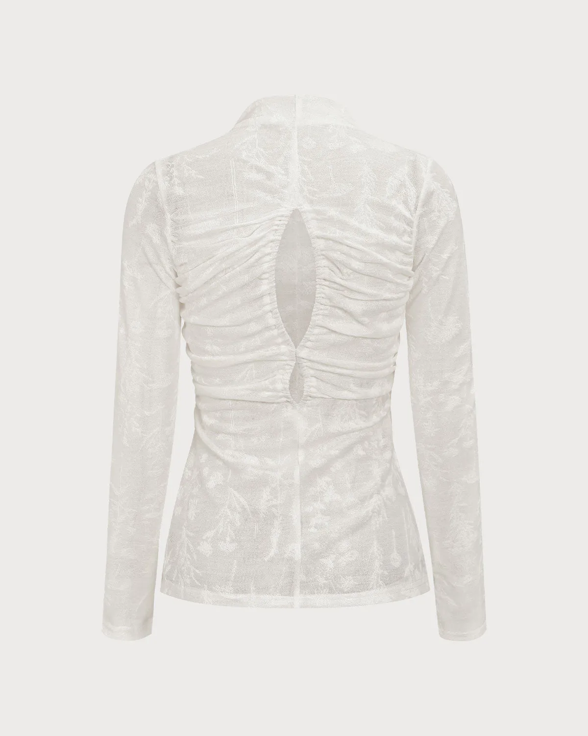 Women's White Jacquard Mock Neck Slit Tee