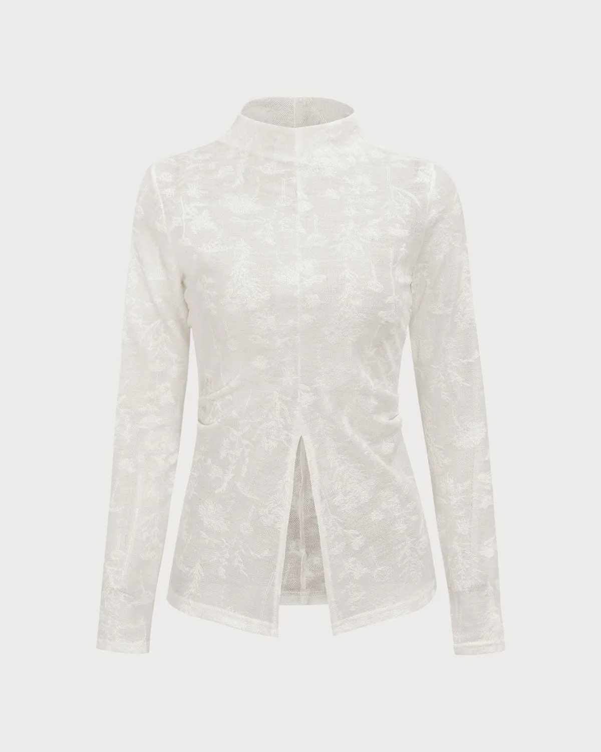 Women's White Jacquard Mock Neck Slit Tee
