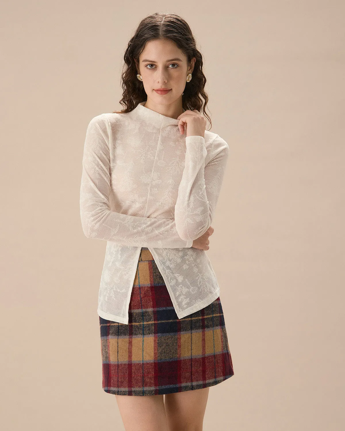 Women's White Jacquard Mock Neck Slit Tee