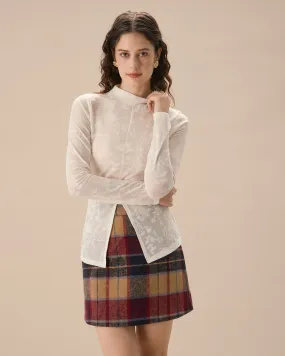Women's White Jacquard Mock Neck Slit Tee