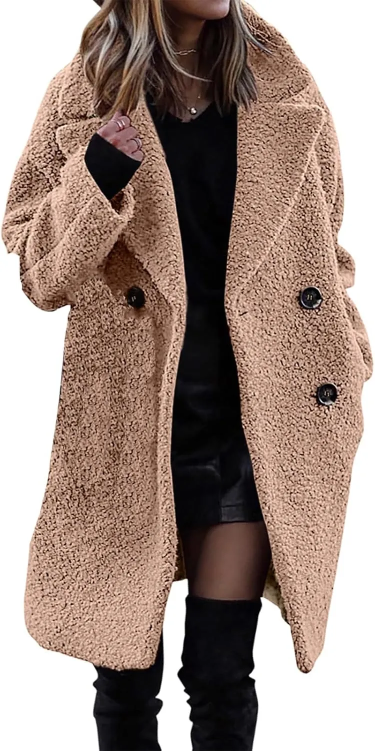 Womens Winter Wool Coat Casual Notch Lapel Double Breasted Pea Coat Mid Long Trench Coat Jackets